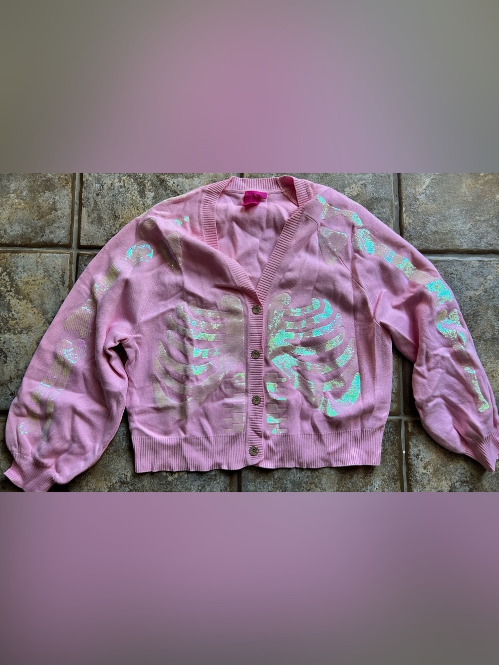 QUEEN OF SPARKLES Pink Sequin Ribcage Cardigan
